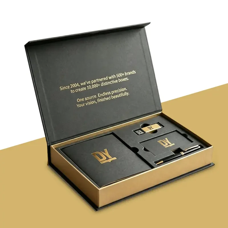 Open rigid presentation box with fitted compartments and printed interior