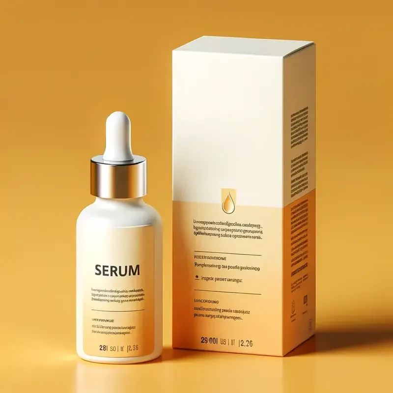 Printed retail carton beside a cosmetic bottle, showing coordinated packaging artwork