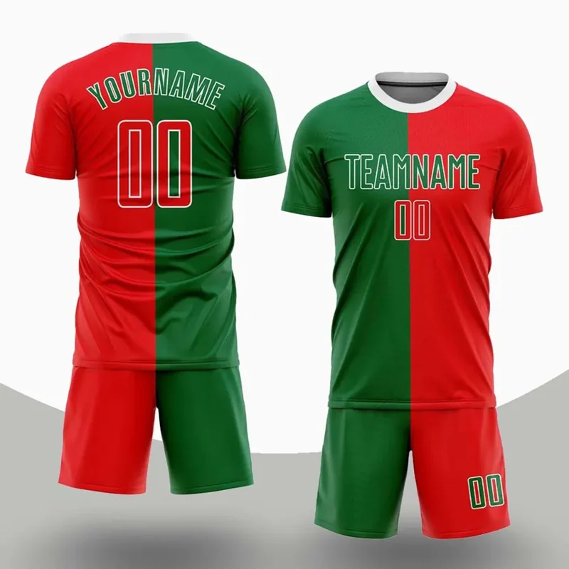 Front and back views of a red and green soccer kit showing name and number placement