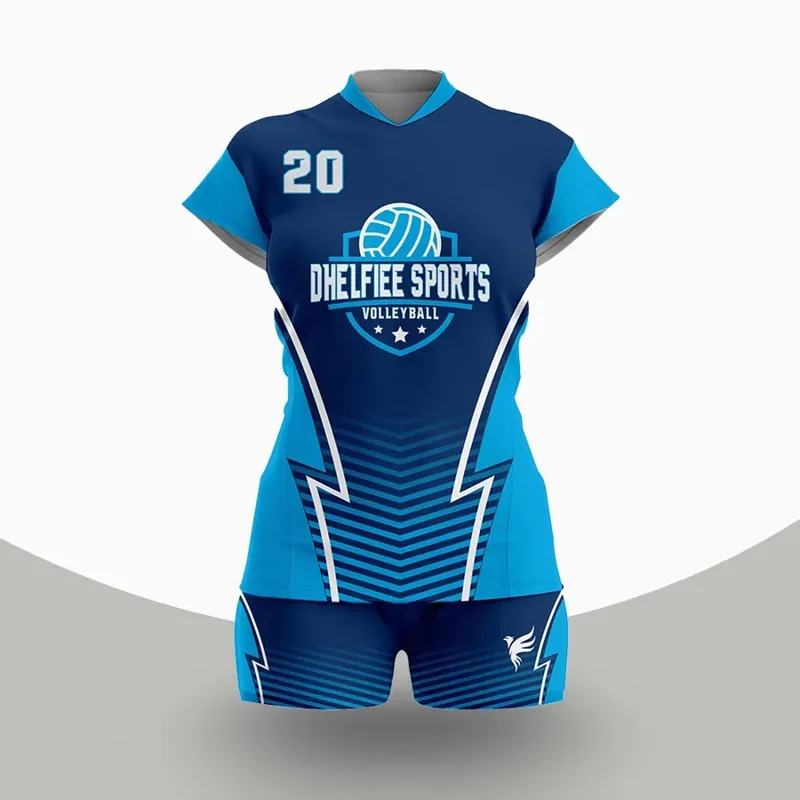 Blue custom volleyball jersey showing a team design and player number
